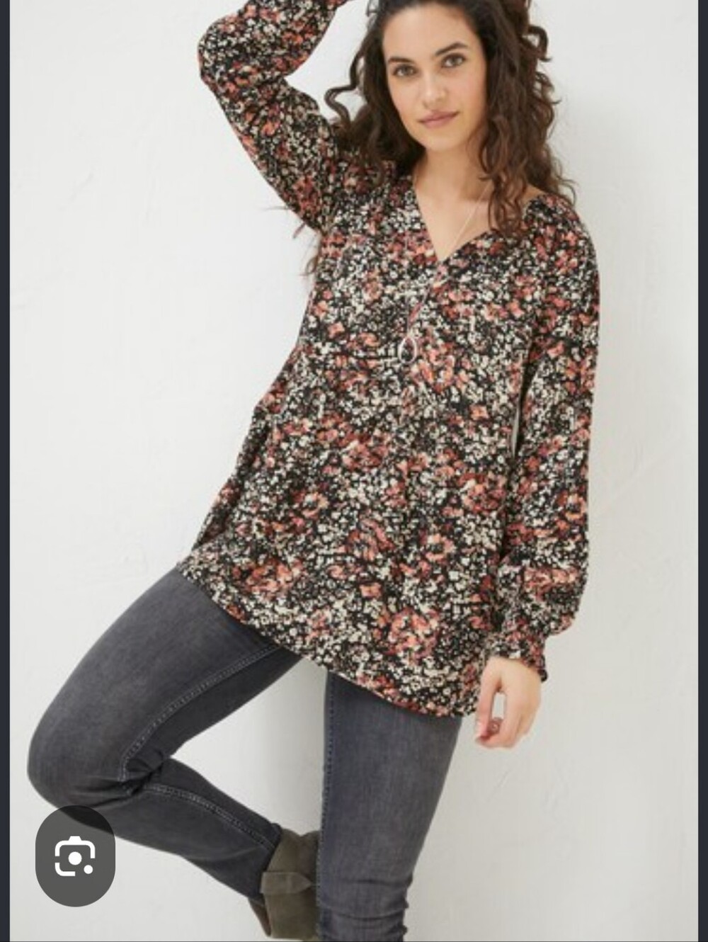 Fat Face Black Tunic Top with Rust & Cream Floral